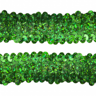 Тесьма с пайетками D4, шир. 30 мм/уп. 25+/-1 м, цвет зелёный - купить в Междуреченске. Цена: 1 098.48 руб.
