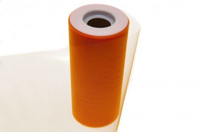 Фатин в шпульках 16-127, 10 гр/м2, шир. 15 см (в нам. 25+/-1 м), цвет оранжевый - купить в Междуреченске. Цена: 100.69 руб.